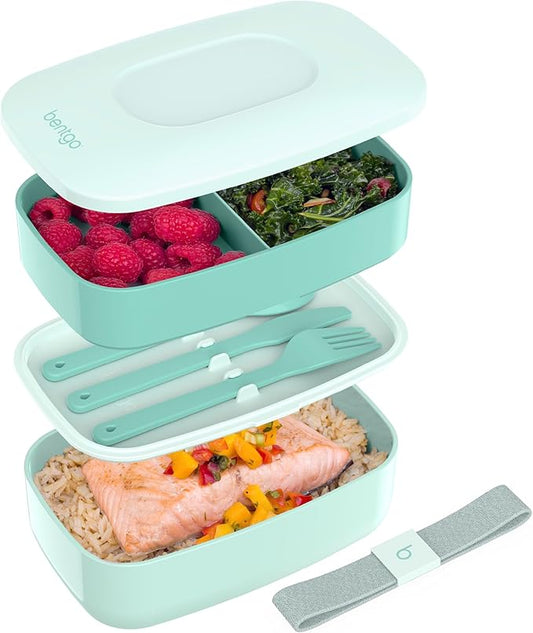 Bentgo Classic - Adult Bento Box, Stackable 3-Compartment Lunch Box with Removable Utensil Set and Sealing Strap, BPA-Free, Food Container Ideal for Meal Prep, Work, and On the Go (Coastal Aqua)