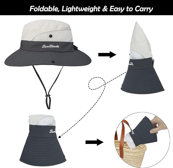 Women's Outdoor UV-Protection-Foldable Sun-Hats Mesh Wide-Brim Beach Fishing Hat with Ponytail-Hole