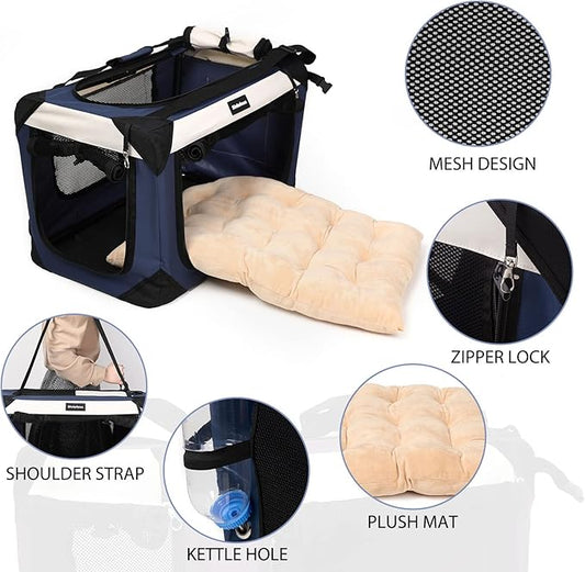 Collapsible Dog Travel Crate,Portable Soft-Sided Pet Carrier Extra Large Cat Carrier with Soft Plush Plush Mat for Indoor and Outdoor,28x20x20in,Navy Blue