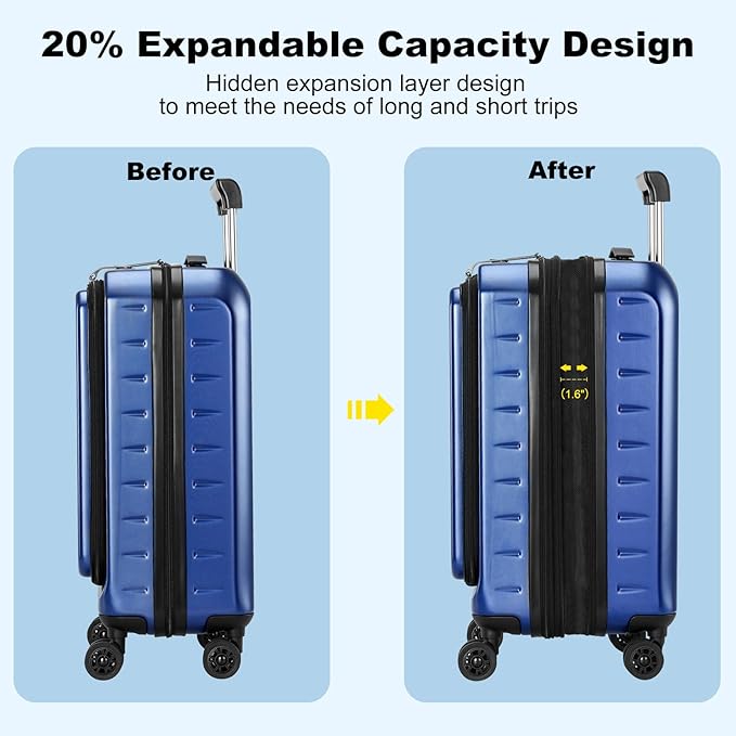 Expandable Carry On Luggage Airline Approved, 20 Inch Lightweight ABS+PC Hard Shell Suitcases with Front Pocket, Spinner Wheels, TSA Lock (Navy Blue, 1PC)