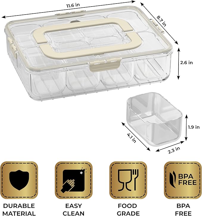 LEVANI Snack Box Container – (8) Clear & Stain Free Compartments, Extra Strong Handle - Divided Serving Tray with Lid, Transparent Snackle Boxes Organizer – Built-In Toothpick & Small Utensil Storage