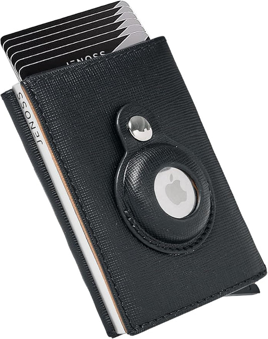 Jenoss Smart AirTag Wallet for Men: Full Grain Leather, Handcrafted, Silver Pop Up Case,Slim, RFID Blocking Credit Card Holder Compact, 12 Slot Organizers ID Cash Apple Air Tag Tracker (Black&Brown)