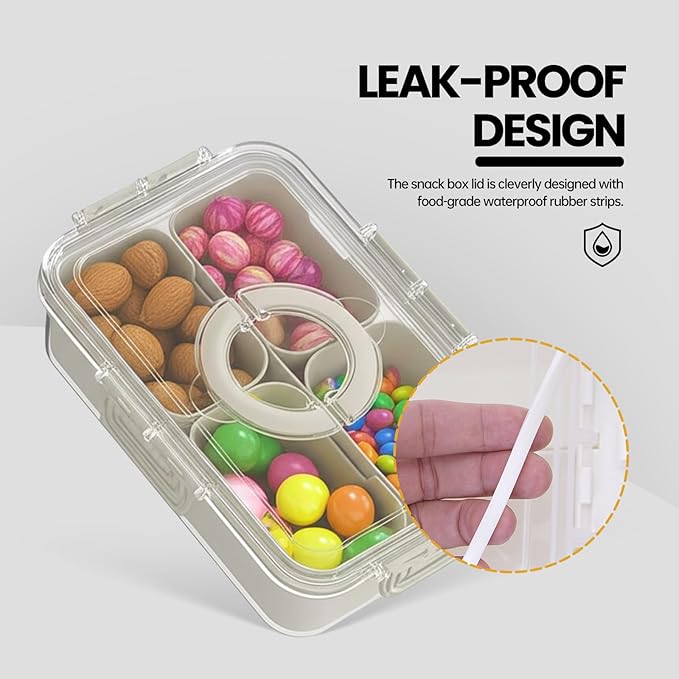 Snackle Box Container, Upgrade Dishwasher,Safe Snack Box for Adult Kids, 4 compartments Plastic Divided Serving Tray with Lid and Handle for Candy, Fruits, Snacks, Nuts,Small,White,2 Pack