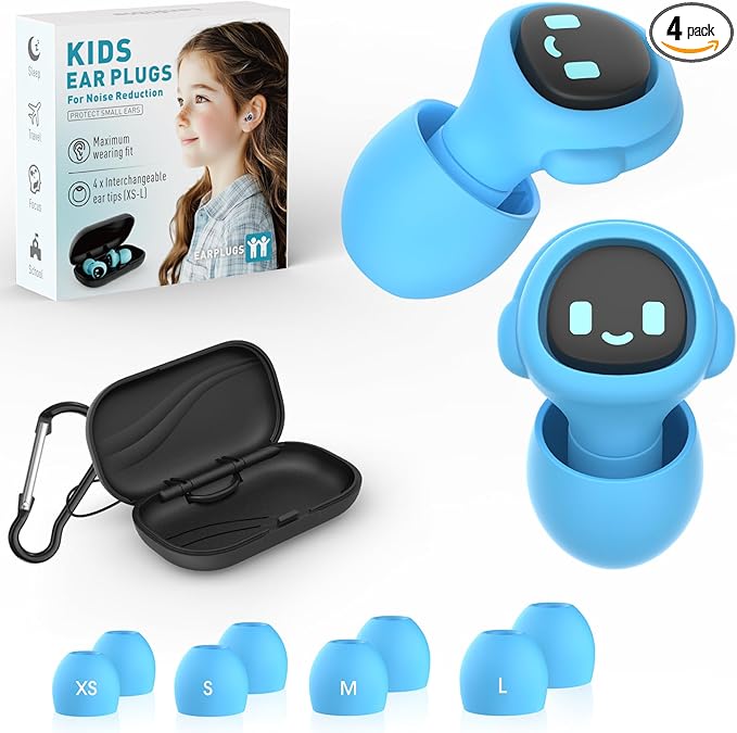 Kids Ear Plugs for 5-12 Yr, 27 dB Noise Reduction Extra Small Earplugs, Ear Plugs for Kids for Noise Sensitivity, Socializing, Sleep, Focus, 4 Sizes Ear Tips in XS-L (Blue)