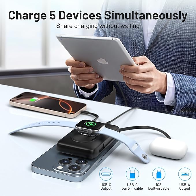 BLAVOR for Magsafe Portable Charger with Built-in Cables, USB C 20W Fast Charging, 10000mAh Magnetic Wireless Power Bank, Battery Pack with Stand for iPhone 16/15/14/13/12, Powerbank for Apple Watch
