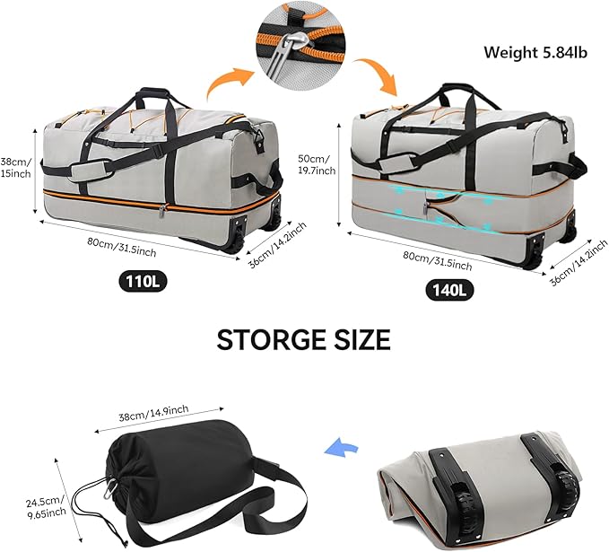 110L/140L Expandable Soft-Sided Foldable Duffle Bag with 2 Rubber Wheels,Packable 32” Rolling Carry-On with Multi-Pockets & Compartments,Grey