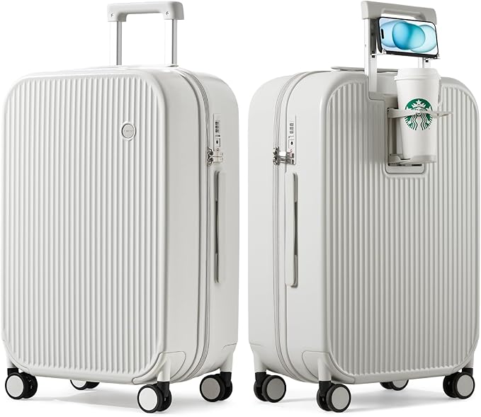 mixi Checked Luggage with Cup Phone Holder Hard Shell Rolling Travel Suitcase with Spinner Wheels,26 Inch Smoke White