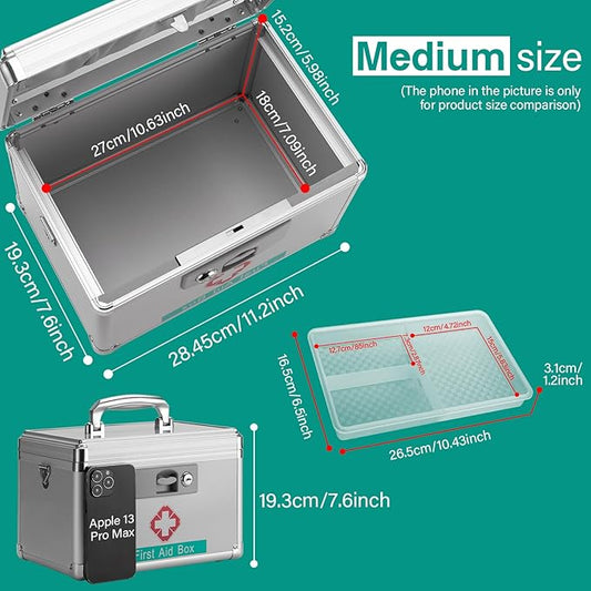 First Aid Box with Key, 11.2 x 7.6 x 7.6 Inches, Empty Lockable Medicine Storage Organizer for Home/Outdoor (Silver/Medium)