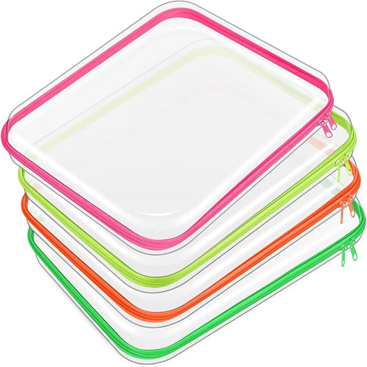 Hoolerry 4 Pcs Hard Clear Zipper Case Makeup Bags Plastic Pencil Pouch Transparent Storage Box Containers for Cosmetics, Snacks, Building Blocks, Puzzles(Fluorescent,13.8 x 11.8 x 2 in)