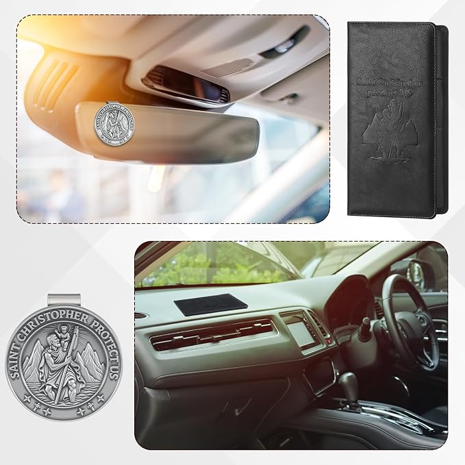 Christmas Car Registration and Insurance Card Holder Christmas Gift for Driver Include 1pcs Saint Christopher Medal, 1pcs Leather Vehicle Insurance Wallet Interior Car Accessories License