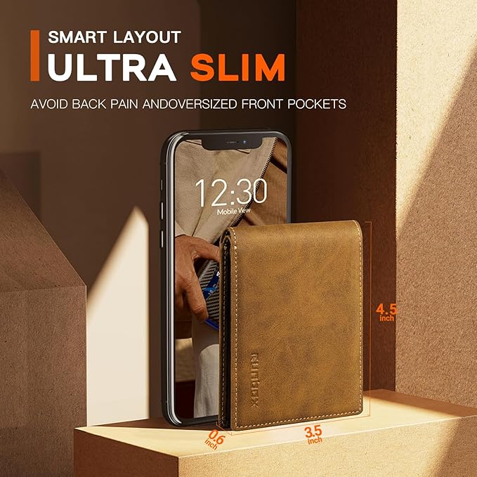 RUNBOX Wallet for Men Slim Leather Bifold RFID Blocking Minimalist Front Pocket Design with Gift Box