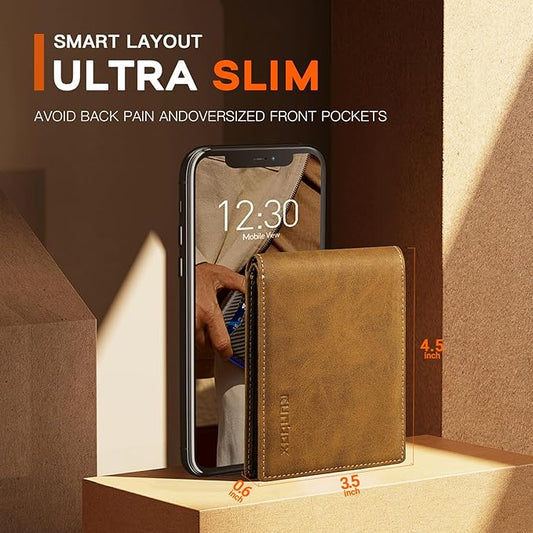 RUNBOX Wallet for Men Slim Leather Bifold RFID Blocking Minimalist Front Pocket Design with Gift Box