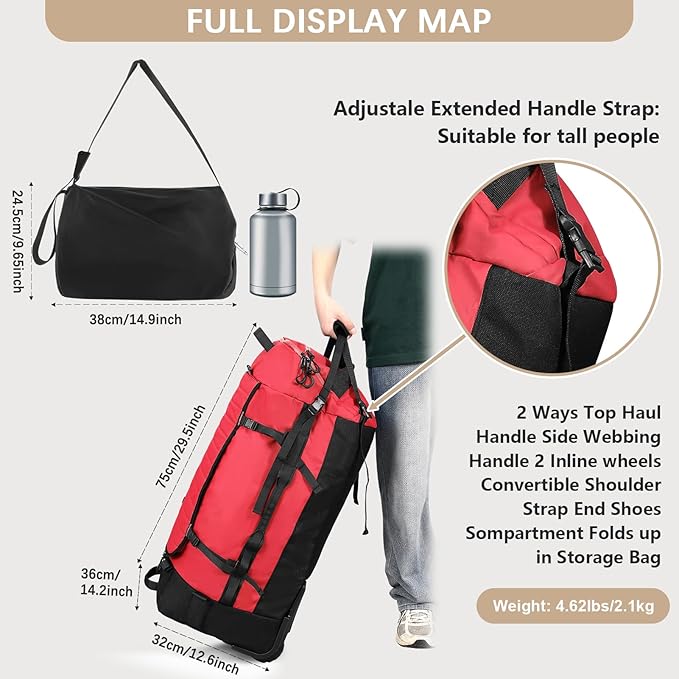Rolling Duffle Bag with Wheels,86L 30”Folding Duffle Backpack with 2 Wheels,Travel Bag with Separate Shoe Compartment,Red