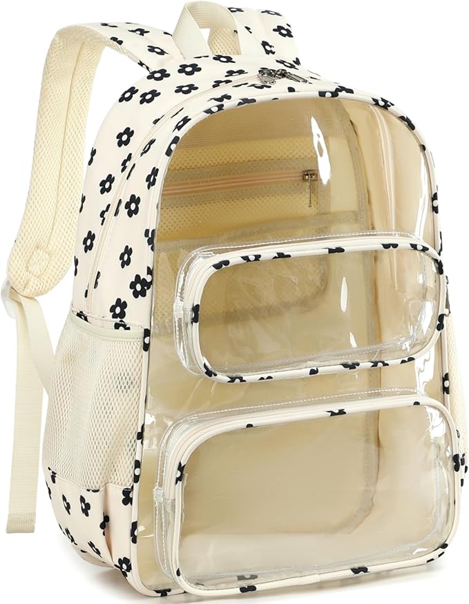 CAMTOP Clear Backpack Heavy Duty Transparent Bag See Through BookBag for Student School Work Festival Sport Travel (Beige Balck Flower)