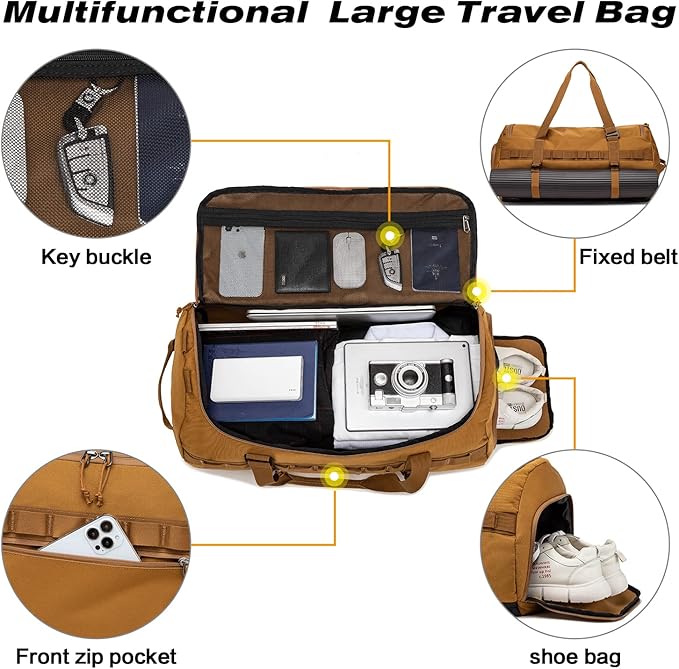 Lyweem 60L Duffle Bag for Men Travel Duffel Bag Large Size for Women Weekender Overnight with Shoes Compartment Multifunctional Gym Bags, Brown
