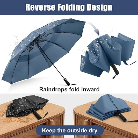 G4Free 42 Inch Inverted Travel Umbrella Compact Windproof 10 Ribs Reverse Small Portable Umbrella for Rain Double Canopy Vented Automatic Open Close for Man Women(Blue)