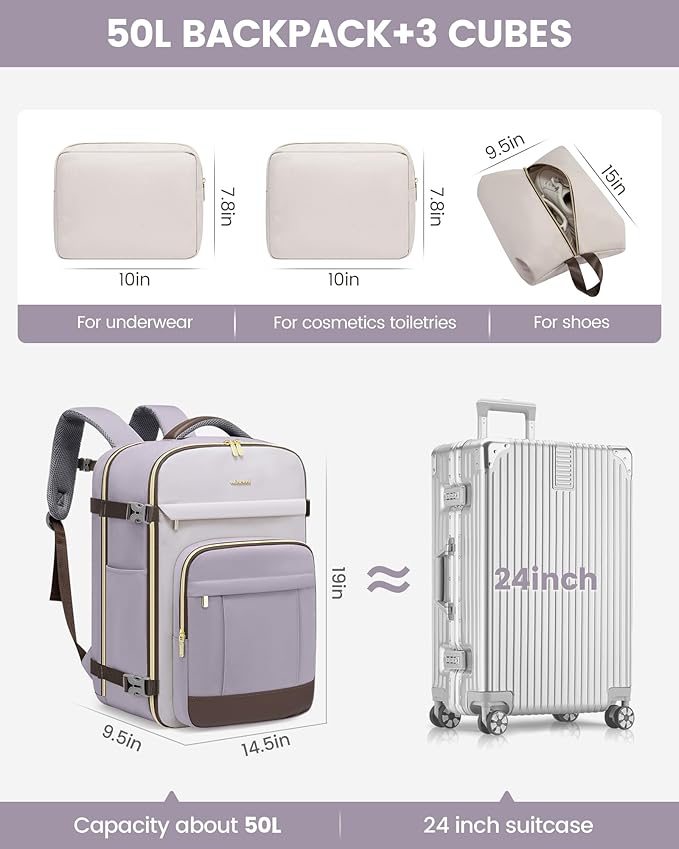 LOVEVOOK 50L Travel Backpack for Women & Men - 18 Inch Carry On Backpack & Personal Item Backpack for Airlines, Spacious and Durable Design, with 3 Packing Cubes