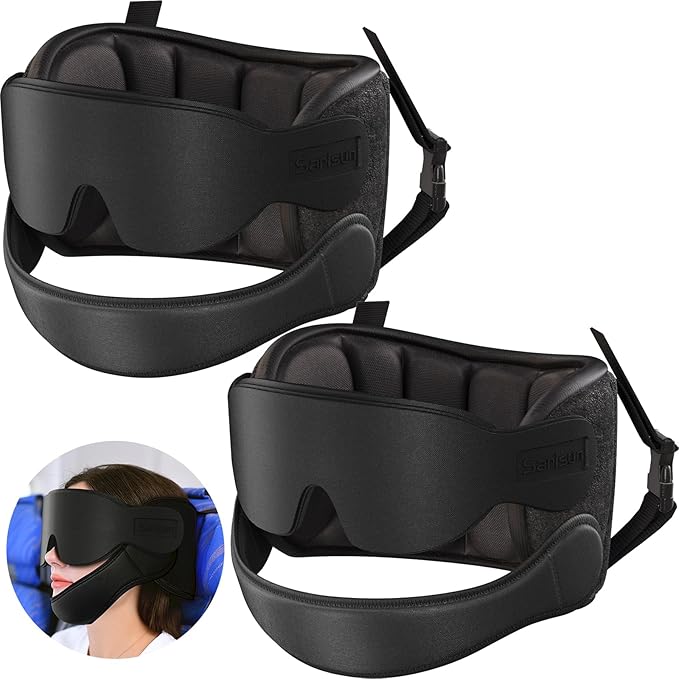 Airplane Pillow, Travel Pillows for Airplanes with Sleep Eye Mask, 360° Airplane Pillow for Long Flights, Car Road Trip, Car Headrest, Stop Bobblehead, Combo with Chin Strap,2-Pack Black