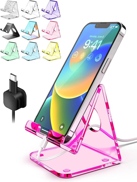 TOPGO Acrylic Cell Phone Stand, Clear Phone Holder for Office Desk, Vanity, Kitchen Counter, Bedside Table, Compatible with iPhone 17 16 15 14 13 12 11 Pro Max Plus/Smartphones/iPad/Switch - Rose Red