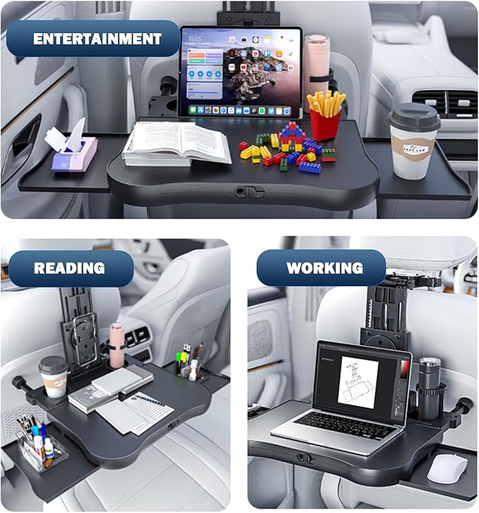[Upgraded] Car Seat Table with Expandable Tray - Car Desk for Laptop Car Backseat Mount, Car Trays for Eating with Non-Slip Pad/Phone&Tablet Holde, Car Accessories for Writing/Laptop/Dining/Work