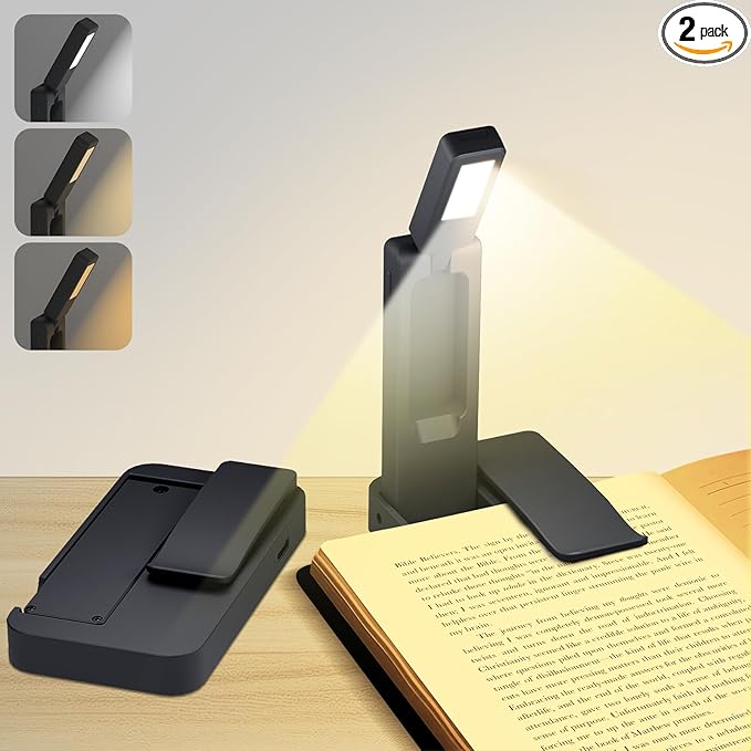 NEWZCLA【2 Pack】Rechargeable Book Light for Reading in Bed,Foldable Clip-On Reading Light,Lightweight 3 Color Amber Eye Care & Stepless Dimming,80H Lasting LED Lamp Gifts for Book Lovers,Travel/2*Black