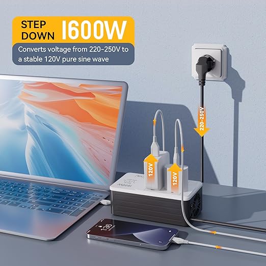 1600W 220V to 110V Voltage Converter, Power Any American Appliances in 220-250V, Plug & Play, No Limitations, Universal Power Plug Adapter Voltage Converter US to Europe International Travel