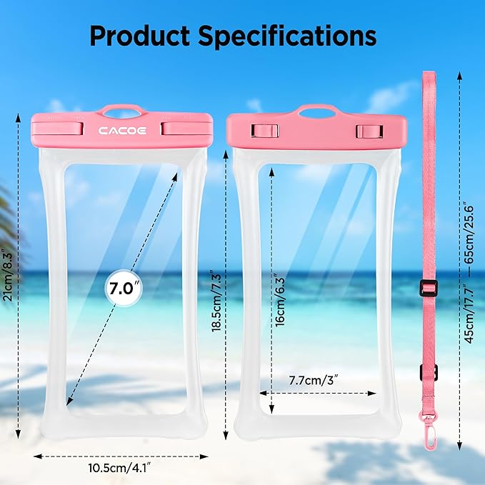 CACOE [Floatable] Floating Universal Waterproof Phone case 2 Pack-Up to 7.0",Waterproof Phone Pouch with Adjustable Neck Lanyard,IPX8 Cell Phone Dry Bags for Beach Pool Swimming（Blue+Pink）