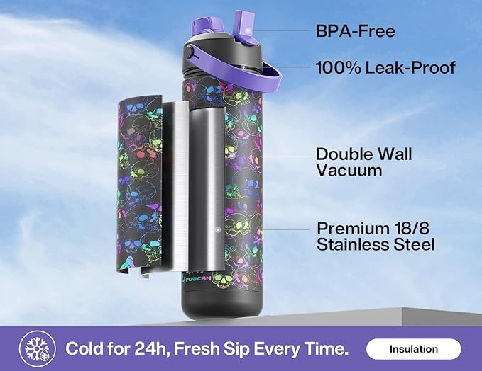 26 oz Insulated Water Bottle with 2-in-1 Straw and Spout Lid, Glow-in-the-Dark, 24H Cold, Leakproof, Fits in Car Cup Holder, Stainless Steel for Gift, Trip, Holiday, Sports (Luminous Souls)