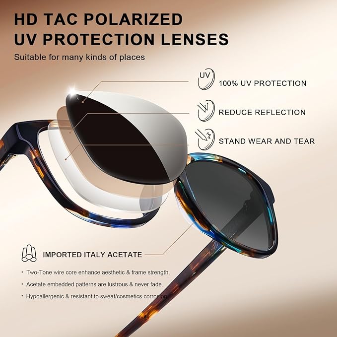 CARFIA Designer Acetate Womens Polarized Sunglasses Fit Most Face Shapes Trendy Shades UV Protection Hypoallergenic Handmade