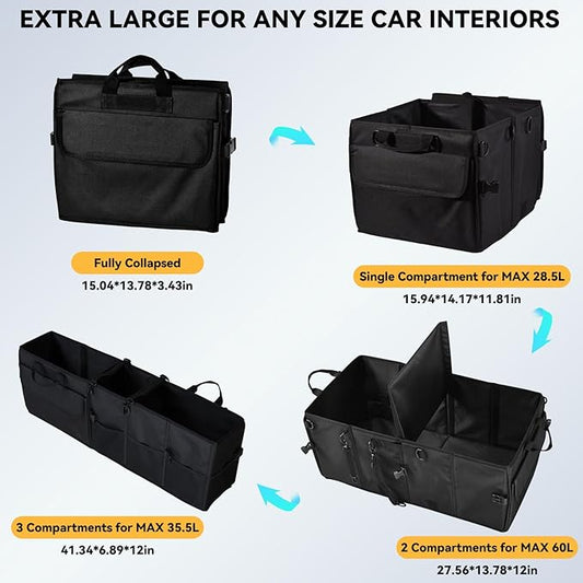 Car Trunk Organizer for SUV 60L Backseat Car Organizer Back Seat Large Storage Trunk Compartment Collapsible Car Caddy Heavy Duty Truck Storage Bin w/6 Pockets Adjustable Straps Cargo Van Jeep Sedan
