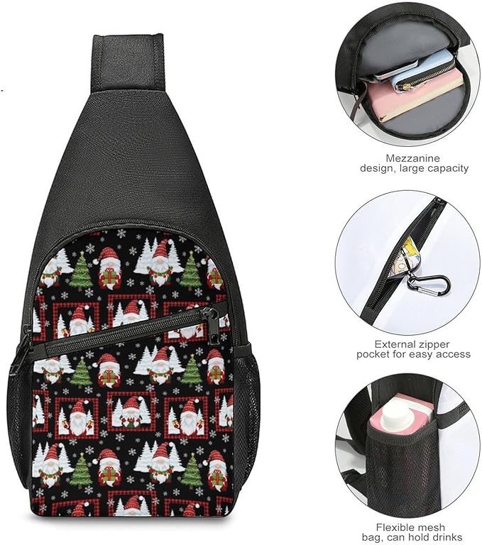 SWEET TANG Fashion Sling Backpack for Men Women, Lightweight Sling Shoulder Bag, Outdoor Chest Crossbody Bike Gym Runner Daypack with Adjustable Strap, Red Gnomes Snow Christmas