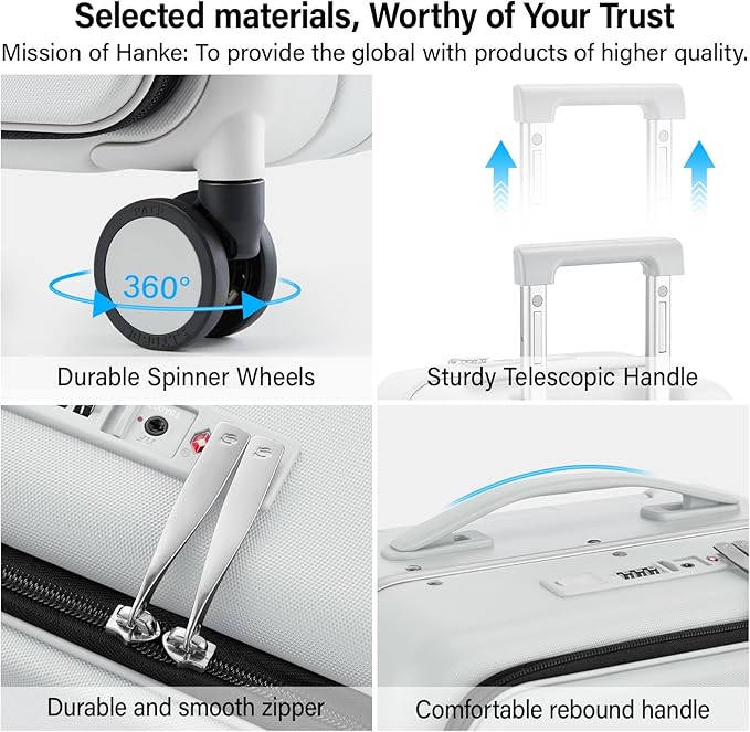 Hanke 28 Inch Luggage with Cup Holder and Charge,Top Opening Hard Shell Suitcases with Wheels and Dividers,Aluminum Frame Trunk Luggage Extra Large Suitcase with Lock for Travel,Smoke White