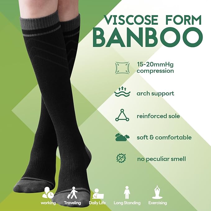 SONORAN Bamboo Viscose Compression Socks for Women & Men (3 Pairs) 15-20 mmHg Knee High Support for Nurses, Travel, Pregnant