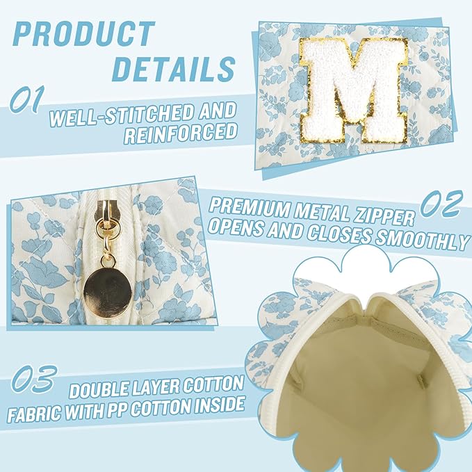 Personalized Quilted Cosmetic Bag, Puffy Monogrammed Christmas Birthday Gifts for Women & Girls, Cute initial Floral Makeup Bag Puffer Coquette Bag, Aesthetic Travel Toiletry Zipper Pouch(Blue,M)