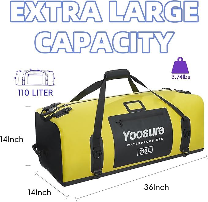 Airtight Zipper Waterproof Duffel Bag 110L- 700D PVC Dry Bag Extra Large Dry Bags with Straps&Handles for Camping Boating Kayaking Rafting Canoeing Gym Beach Car Roof Storage (Yellow)