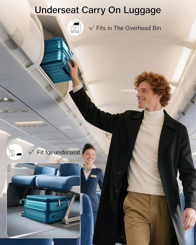 Hanke 16 Inch Expandable Under Seat Luggage with Wheels Top Opening Small Suitcase with Wheels Carry On Luggage Airline Approved Lightweight Hard Shell Suitcases for Weekender Overnight-Caribbean Blue