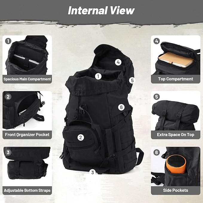 AUMENTAR 50L Tactical Backpack for Men and Women, Water-Resistant Molle Rucksack, Large Military Assault Pack for Hiking, Hunting, Camping, Gym & Outdoor Survival Black