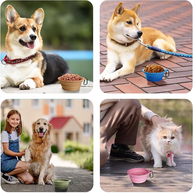 PetBonus 2-Pack Silicone Collapsible Dog Bowls, BPA Free Dishwasher Safe, Portable Foldable Expandable Travel Bowl, Food Water Feeding Cup Dish for Dogs Cats with 2 Carabiners (Turquoise, Tan)