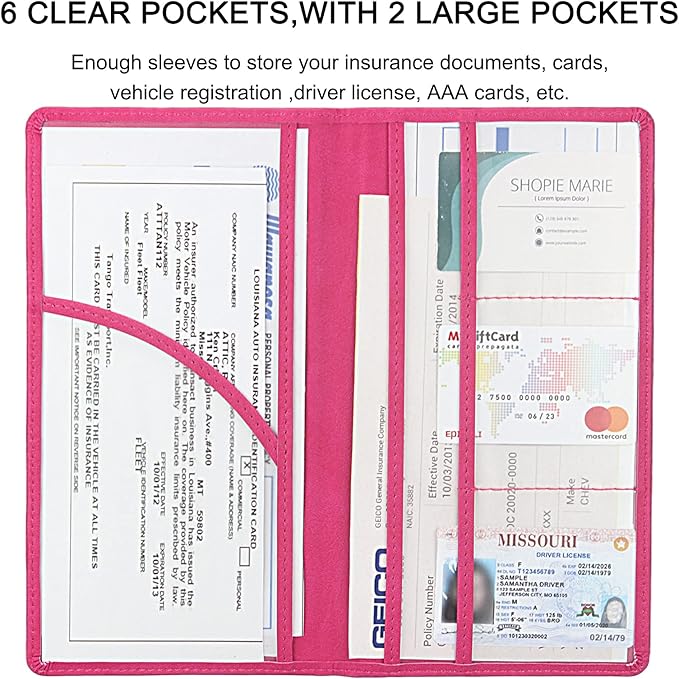Premium Car Registration & Insurance Card Holder with Magnetic Shut, Vehicle Glove Box Car Organizer - For Documents, Cards, License (Rose red)