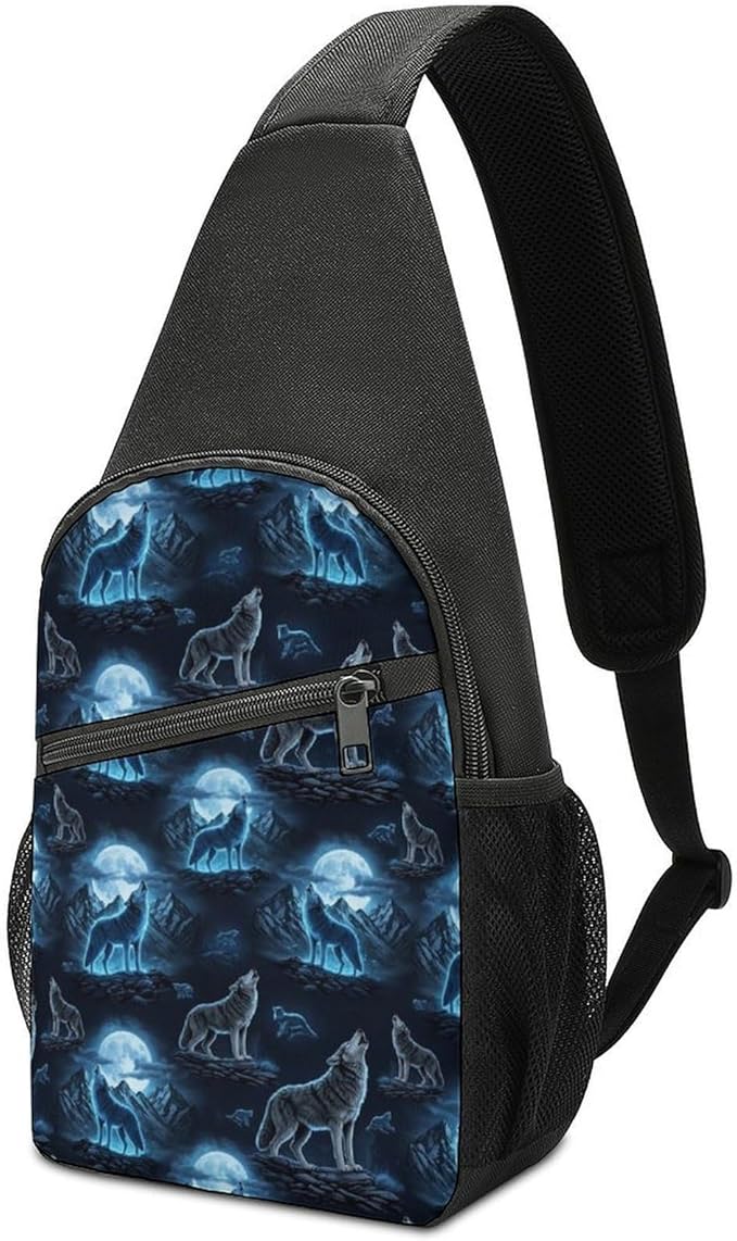 SWEET TANG Men and Women Sling Bag Chest Daypack, Howling Wolf Shoulder Backpack Crossbody for Hiking Camping Running, Casual and Large Capacity Anti Theft Rucksack
