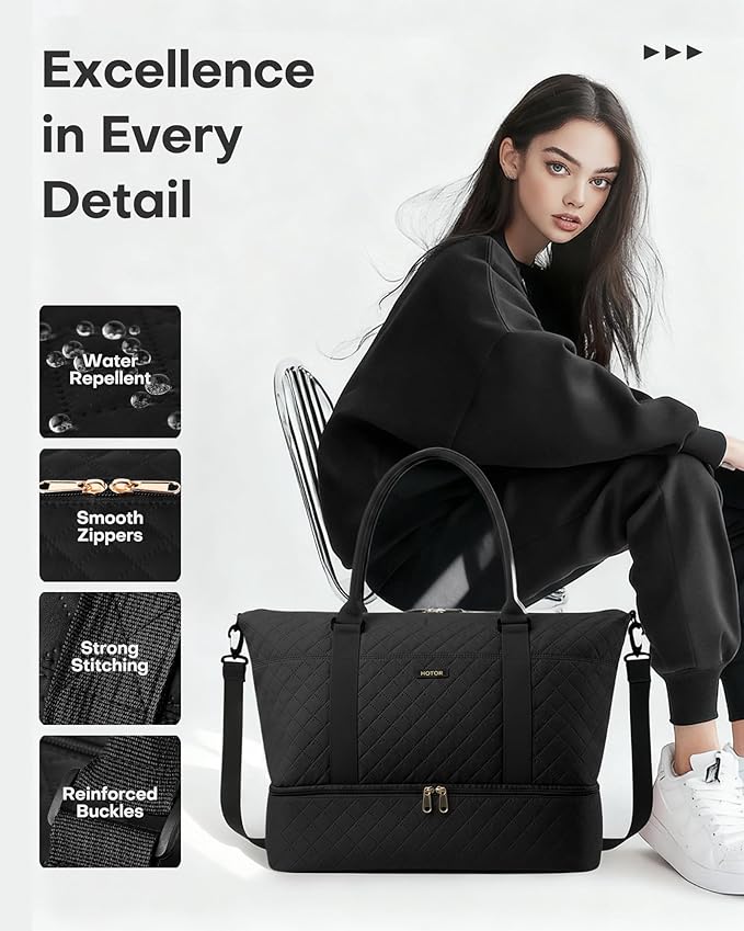 HOTOR Travel Duffel Bag - Weekender Bags for Women, Carry On Overnight Bag with Shoe Compartment, with Toiletry Bag for Travel Essentials and Travel Accessories, Black, 13.4"×17.3"×7.9"