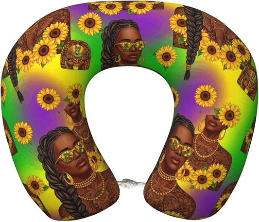 Memory Foam Neck Pillow African American Black Woman Girl Painting Sunflower, Travel U Shaped Airplane/Car/Flight Pillows with Removable Zipper Cover, Chin Head Neck Support Cushion