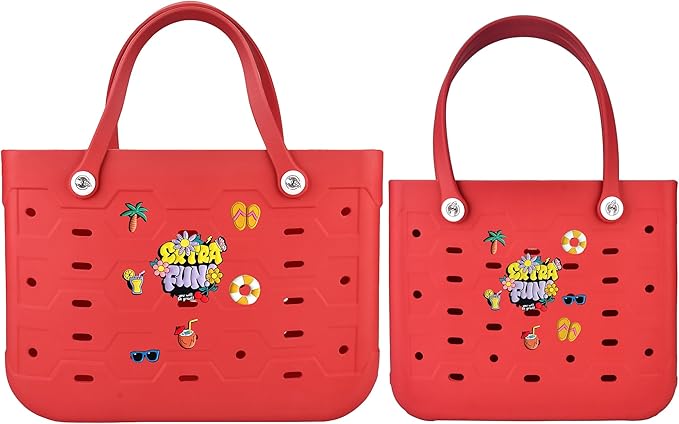 2-Piece Tote Bag Set, Waterproof Rubber Beach Bag with Summer Pattern, Medium & Large Handbag for Pool, Beach, Boat
