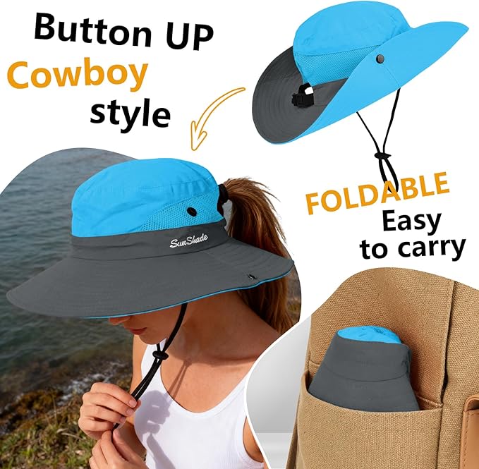 ZOORON Women's Ponytail Safari Sun Hat,Wide Brim UV Protection Outdoor Bucket Hat,Foldable Beach Summer Fishing Hat