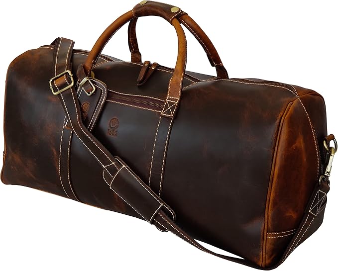 24" Leather Duffle Bag for Men and Women, Full Grain Leather Travel Overnight Weekender Sports Gym Carry On Duffel Bag by Rustic Town (Antique Brown)