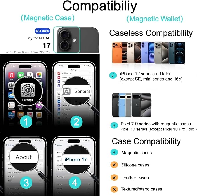 Ntwinro Magnetic for iPhone 17 Clear Case (Compatible with MagSafe) with Black Detachable Wallet & Card Holder for 3 Cards [RFID Blocking] Military Grade Protective Slim Phone Cover