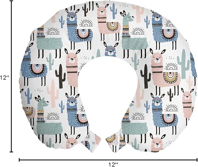 Ambesonne Llama Travel Pillow Neck Rest, Cartoon Style Hand Drawn South American Animals Alpacas and Llamas Design, Memory Foam Traveling Accessory for Airplane and Car, 12", White Teal