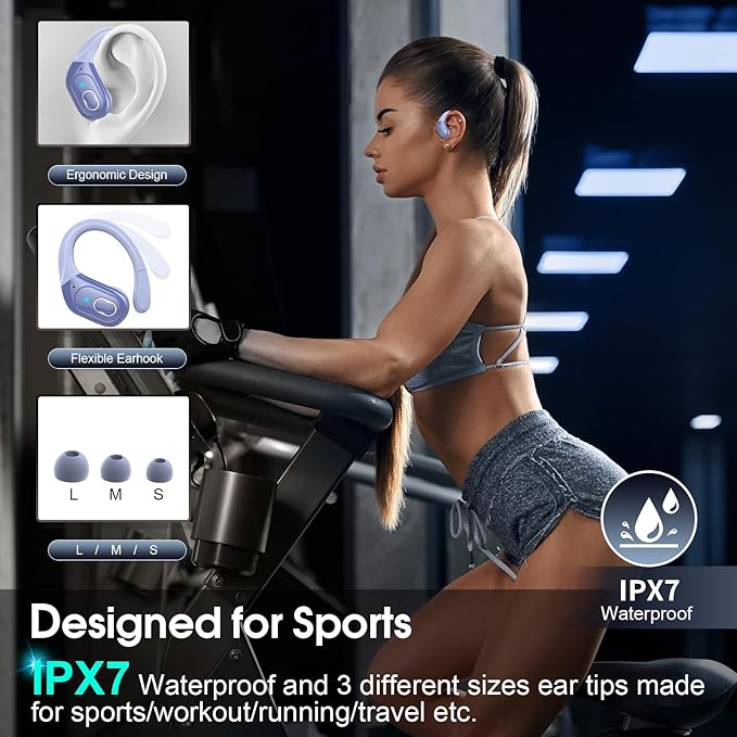 Wireless Earbuds 75hrs Bluetooth 5.4 Headphone Sport, 2026 Bluetooth Earbuds HiFi Stereo Over Ear Bud with Earhooks, ENC Noise Cancelling Mic, IPX7 Waterproof Earphone for Gym, Purple Blue