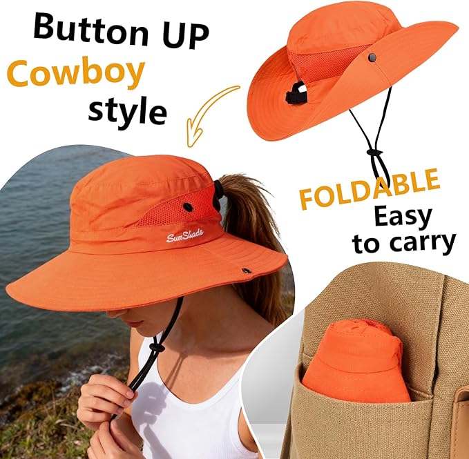 ZOORON Women's Ponytail Safari Sun Hat,Wide Brim UV Protection Outdoor Bucket Hat,Foldable Beach Summer Fishing Hat