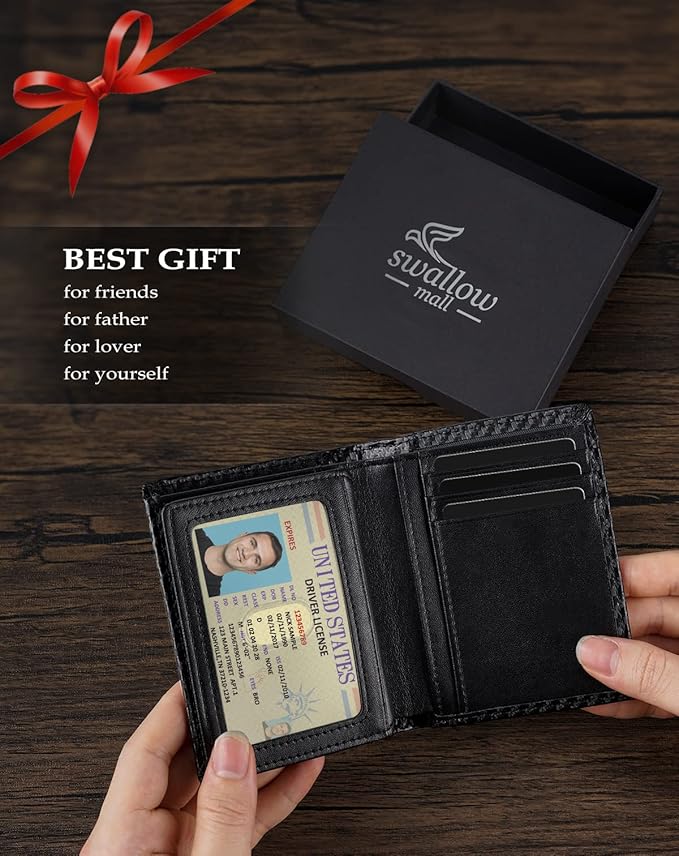 Swallowmall AirTag Wallet Mens RFID Blocking Genuine Leather Bifold Men's Wallet For air tag with 2 ID Window 11 Card Holders Vertical BlackStripe(Airtag Not included)